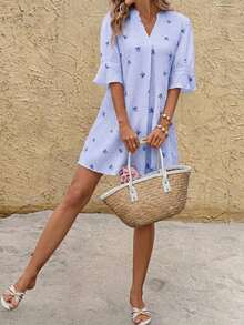 Vestido corto casual de mujer con estampado rojo - Azul - Ver 5