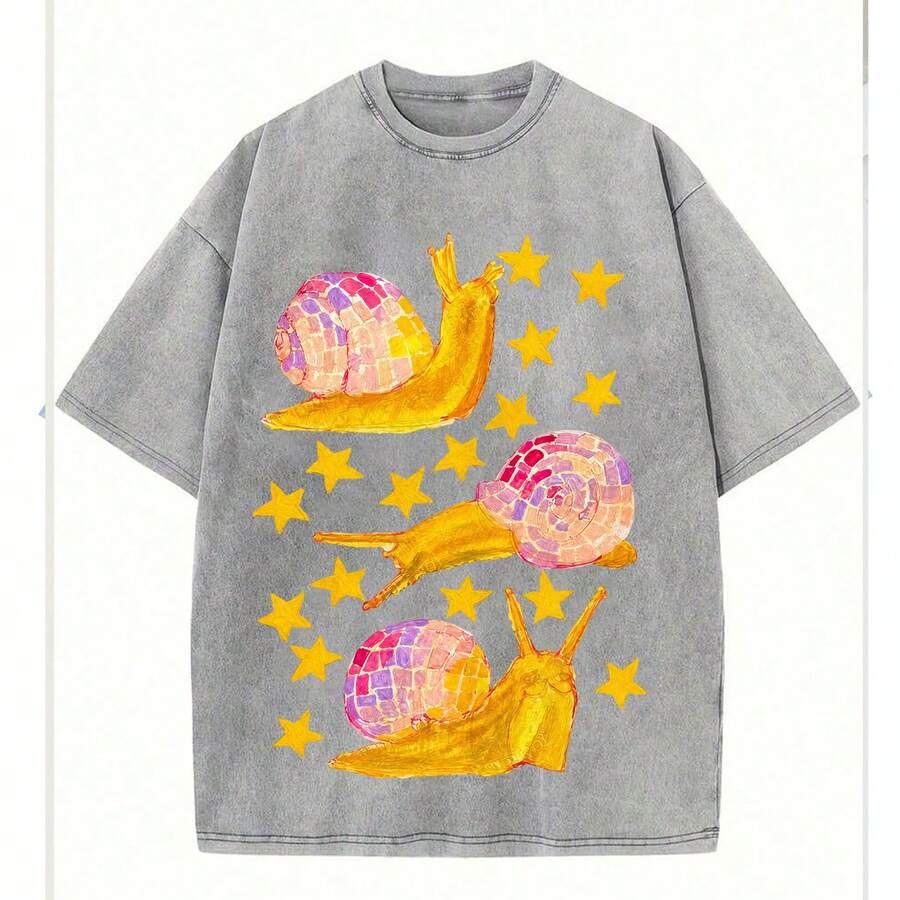 1%, Watercolor Snail Dance Starlight Printed T-Shirt, Suitable For Daily Wear, Easy To Wear In Summer, Comfortable Short-Sleeved Outdoor Holiday S, Fa - 灰色 - 查看 1
