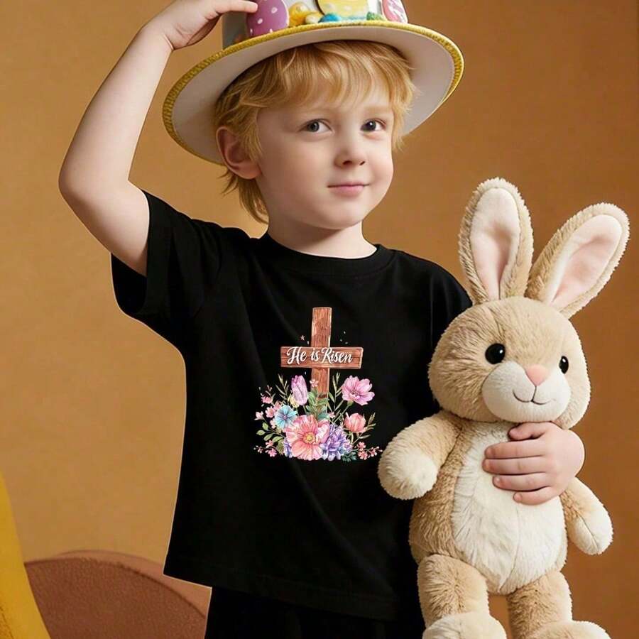 Camisetas de algodón para niños, suaves y casuales, con cuello redondo, estampado con el patrón temático de la cruz de Pascua "Él ha resucitado". Color negro. - Negro - Ver 1