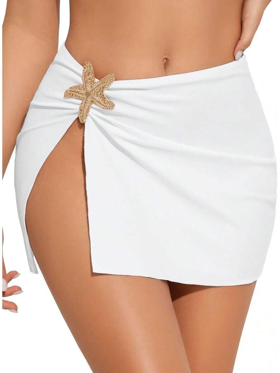 Women's Swimsuit Cover Up Skirts High Slit Swim Beach Sarong Bathing Suit Wrap Skirt With Sartfish - 白色 - 查看 1