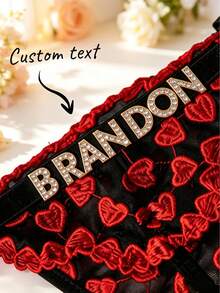 1pc Women's Customized Rhinestone Text & Red Heart Embroidered Black Mesh Thong, Personalized Lingerie Gift For Her - Multicolor - View 4