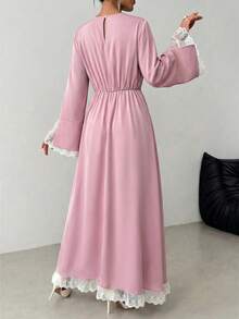 Women's Elegant Contrast Color Lace Patchwork Dress - Pink - View 4