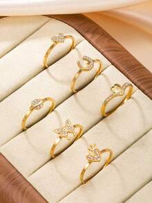 6 piezas Anillos ajustables de acero inoxidable decorados con rhinestones con diseños de corazón, mariposa y planeta, adecuados para uso diario o para fiestas de mujeres - anillo - Ver 3