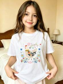 Bird And Flower Circle Pattern Design T-Shirt For Girls - 白色 - 查看 7