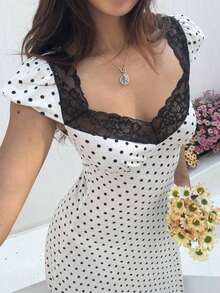 Unity Vestido midi con corte evasé y cuello con corazón, mangas abullonadas, cintura fruncida y combinación de lunares en blanco y negro con detalles de encaje, sencillo pero elegante, para - Burdeos - Ver 4