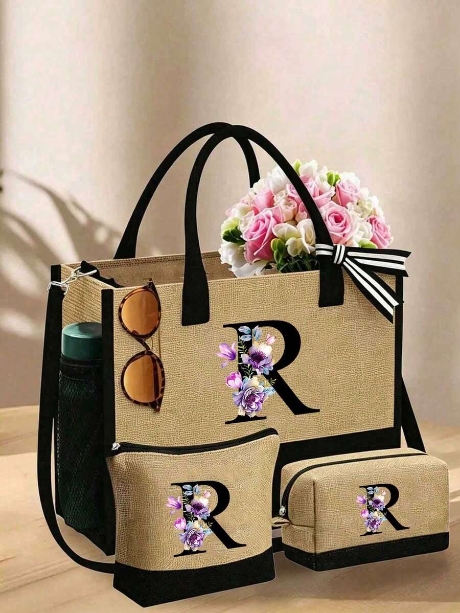 1套 字母花卉圖案托特包與化妝包(附肩帶),側口袋個性化禮品袋,附圍巾沙灘包,旅行極簡收納包,旅行化妝包:戶外美妝完美之選!適合送給母親、老師、朋友的絕佳禮物,便攜休閒收納托特包 - 彩色 - 查看 1
