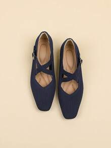 Women's Square Toe Low Vamp Knit Breathable Mary Jane Strap Adjustable Buckle Solid Color Casual Hidden Wedge Shoes, Suitable For Petite, Wearable All Seasons - Royal Blue - View 4