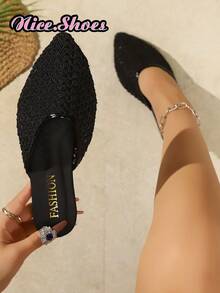 Nuevas sandalias de punta puntiaguda de malla tejida para el verano, de uso casual, cómodas y relajadas, en colores plateado y negro - Negro - Ver 1