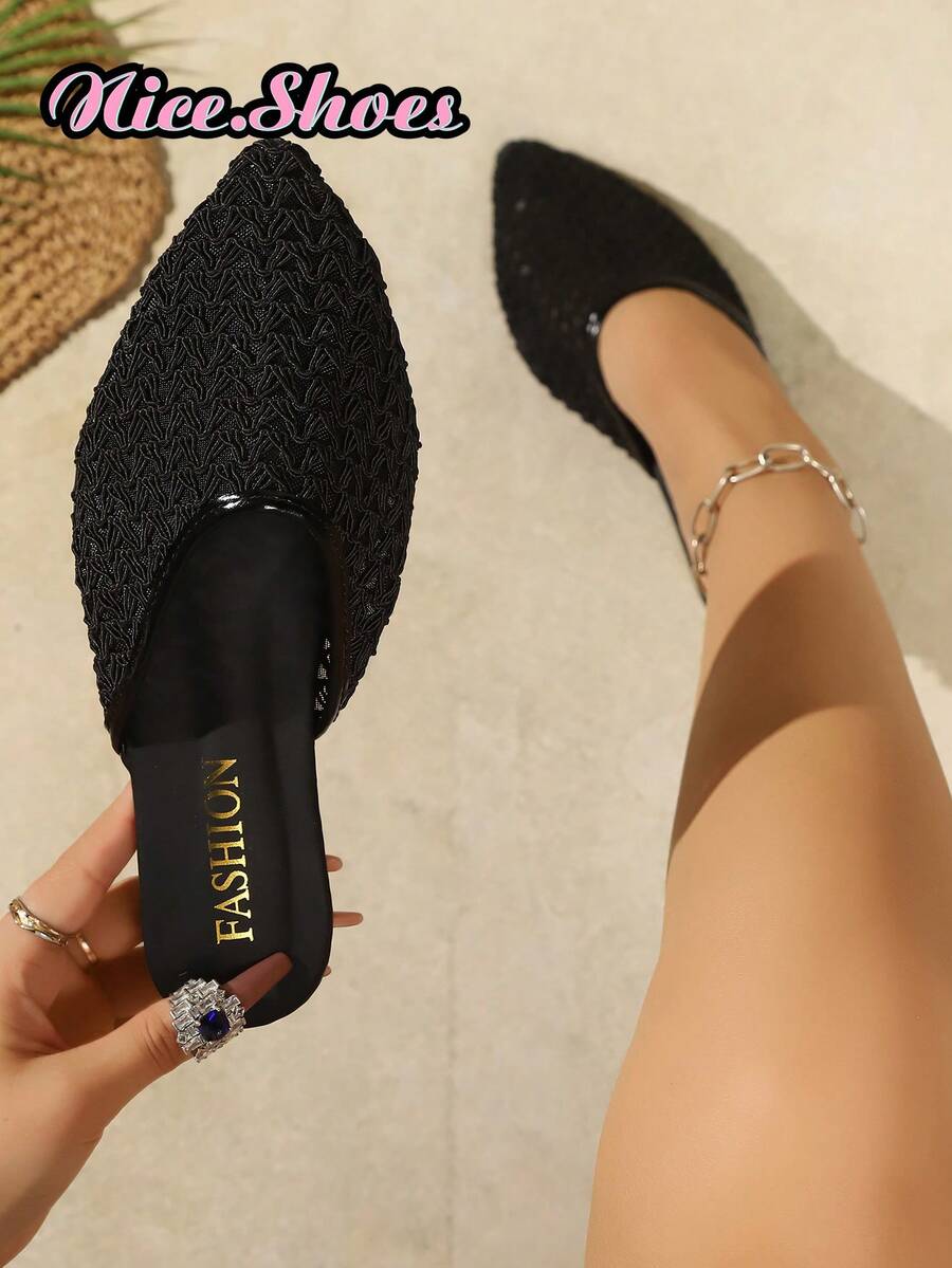 Nuevas sandalias de punta puntiaguda de malla tejida para el verano, de uso casual, cómodas y relajadas, en colores plateado y negro - Negro - Ver 1