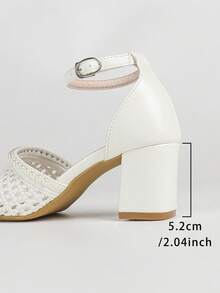 Sandal nữ gót dày đính ngọc trai, thiết kế khoét rỗng, có quai cổ chân - trắng - Xem 9