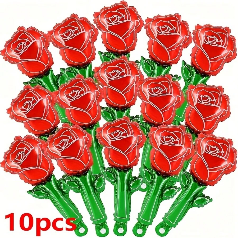 10pcs Rose Bouquet Foil Balloon Set - Anniversary Decoration, Valentine's Day Party Decor, Birthday Party Supplies, Event Scene Aluminum Film Balloons 18inch/12inch (Randomly Sent) - View 1