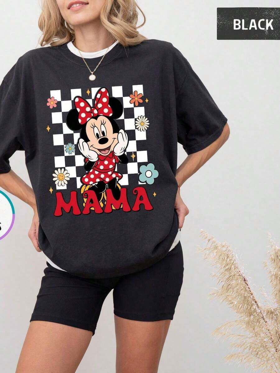 Loose Oversize Minnie Mama Shirt, Disney Mother's Day T-Shirt, Checkered Minnie Mouse Mama Tee, Floral Mama Shirt, Disneyland Mom Trip TeeUnisex, Couple Shirts, Excellent Gifts.Unisex, Couple Shirts, Excellent Gifts. - Black - View 1