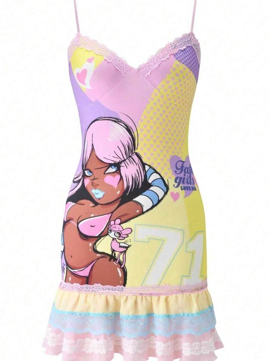 Women's Colorblock Spaghetti Strap Mini Dress With Cartoon Girl & Number 71 Graphic - Y2K Kawaii Style With Polka Dots & Ruffle Hem - Pink - View 1