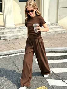 Girls' Basic Summer Set, Textured Knit Short Sleeve Top + Flowy Pants, Suitable For Casual, Ins Style, School, Vacation - Coffee Brown - View 3