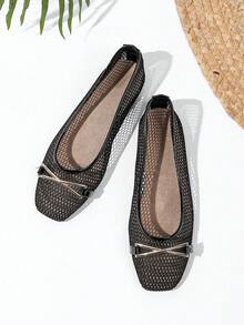 Square Toe Mary Jane Mesh Slip-On Flat Shoes, Sexy Yet Comfortable, Breathable For Summer - Black - View 3
