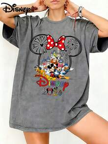 Disney 2026 Castle Fireworks Full Character Graphic Washed Unisex TShirt, 100% Cotton Oversized Vintage Short Sleeve Tee, Magical Family Park Themed Casual Top - Grey - View 1
