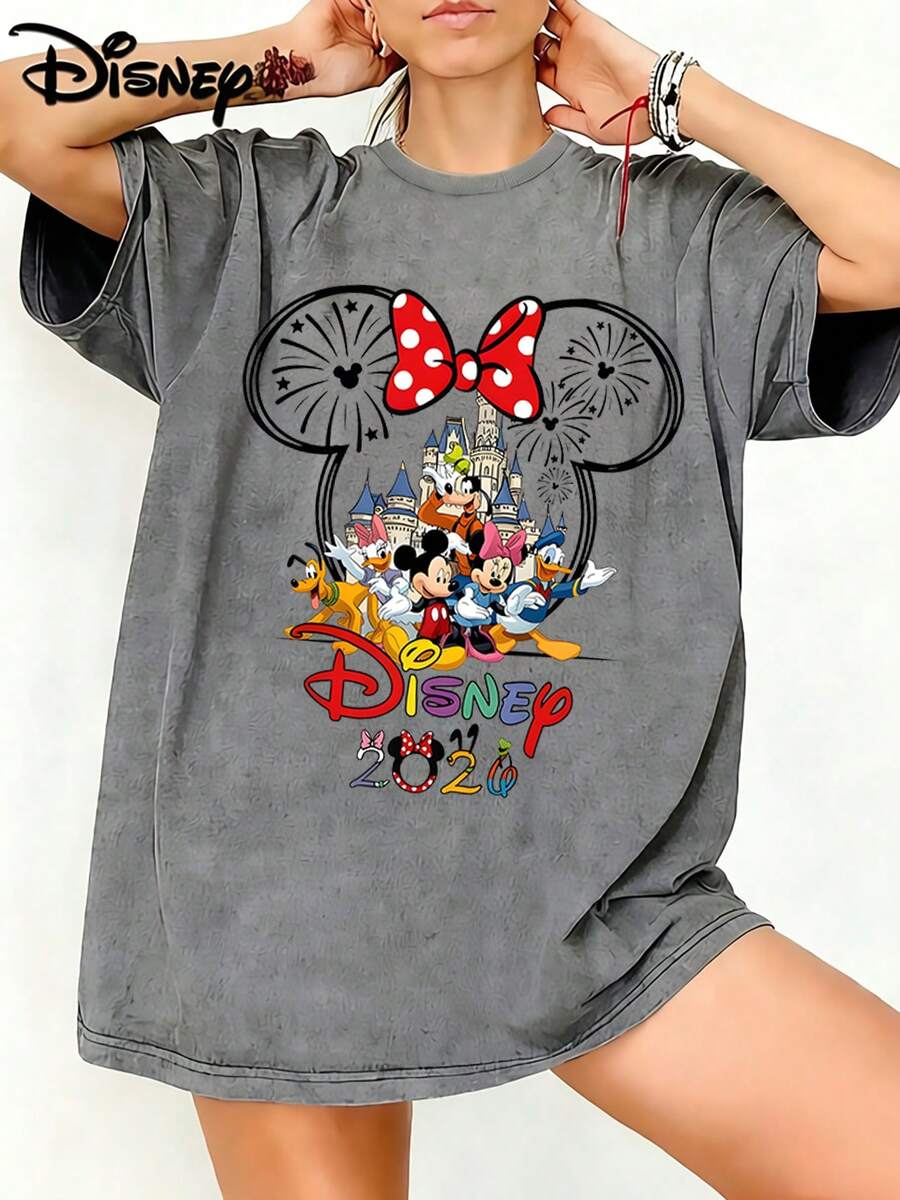 Disney 2026 Castle Fireworks Full Character Graphic Washed Unisex TShirt, 100% Cotton Oversized Vintage Short Sleeve Tee, Magical Family Park Themed Casual Top - Grey - View 1