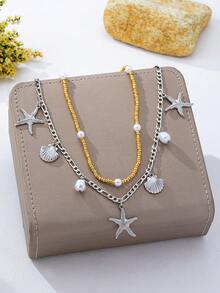 2 piezas Cadena para la cintura con cuentas de estilo bohemio con conchas y estrellas de mar de la serie oceánica para mujeres - Plateado - Ver 2