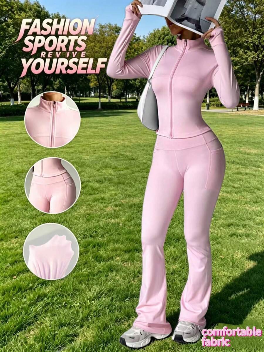 Women's Minimalist Sexy Pink Slim Fit Fitness Set, Waist-Cinched Flared Pants, High Elasticity Nude Feel Running Casual Sports Outfit, Hot Girl Style Pink Sports Set | Stand Collar Zipper Jacket + High Waist Flared Yoga Pants With Pockets 2pcs Set - Pink - View 1
