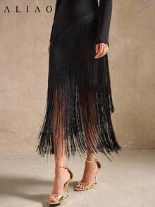 ALIAO Elegant Retro Sleeveless Tassel Maxi Dress For Women, Perfect For Festivals, Celebrations And Beach Parties In Autumn Black Summer - Black - View 2
