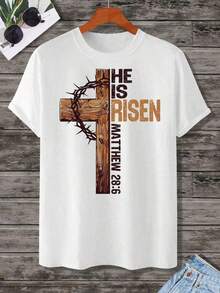 camiseta para hombre 1PSCHe Camiseta Cristiana 'Él Ha Resucitado' con Cruz y Corona de Espinas, Mateo 28:6, Camiseta Religiosa de Pascua para Hombres y Mujeres, Ropa Inspirada en la Fe. hombres - Blanco - Ver 3