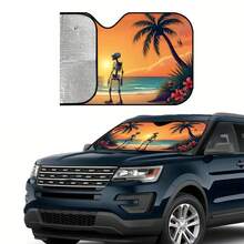 1 Piece Of Sunset Beach Double Skull Tropical Coconut Tree Themed Sunshade, Foldable Car Windshield Sunshade, Made Of Car Sunshade Material, An In-Car Cooling Tool That Effectively Reduces Direct Sunlight And Heat Buildup, Durable Sunshade Suitable - Multicolor - View 3