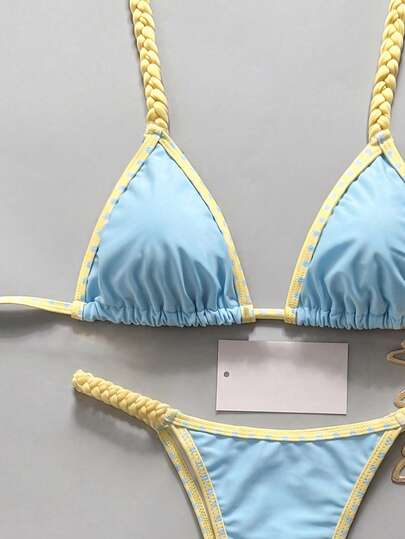 Bikinx Women's Halter Tie Bikini Set With Braided Shoulder Straps, Cute Casual Swimwear In Blue And Yellow Contrast Colors
