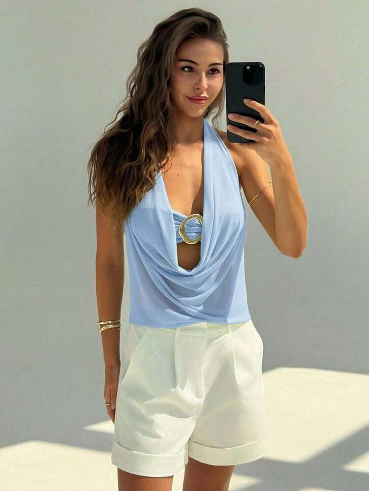 Nuevo Top Sexy Semi-Transparente con Escote Profundo, Decoración Metálica y Espalda Descubierta, Top de Hombros Descubiertos - Azul - Añade 6