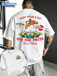 Disney Toy Story Co-Branded T-Shirt Summer Tri-Eye Boy Bass Lightyear Printed Short Sleeve Shirt, Cartoon Tri-Eye Boy Pizza Planet Print Pattern - Double-Sided Printed Design T-Shirt, Men's Summer Short Sleeve Shirt, High-Quality 100% Cotton Short Sleeve Shirt, Relaxed Breathable Casual Short Sleeve Shirt, Universal For Men And Women, A Must-Have For Disney Fans, Disneyland Travel Wear, Couples, Leisure, Street, Vacation, Campus - 白色 - 查看 1
