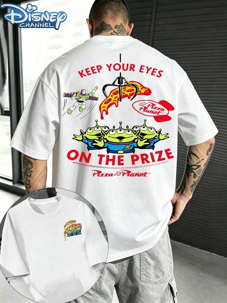 Disney Toy Story Co-Branded T-Shirt Summer Tri-Eye Boy Bass Lightyear Printed Short Sleeve Shirt, Cartoon Tri-Eye Boy Pizza Planet Print Pattern - Double-Sided Printed Design T-Shirt, Men's Summer Short Sleeve Shirt, High-Quality 100% Cotton Short Sleeve Shirt, Relaxed Breathable Casual Short Sleeve Shirt, Universal For Men And Women, A Must-Have For Disney Fans, Disneyland Travel Wear, Couples, Leisure, Street, Vacation, Campus - 白色 - 查看 1