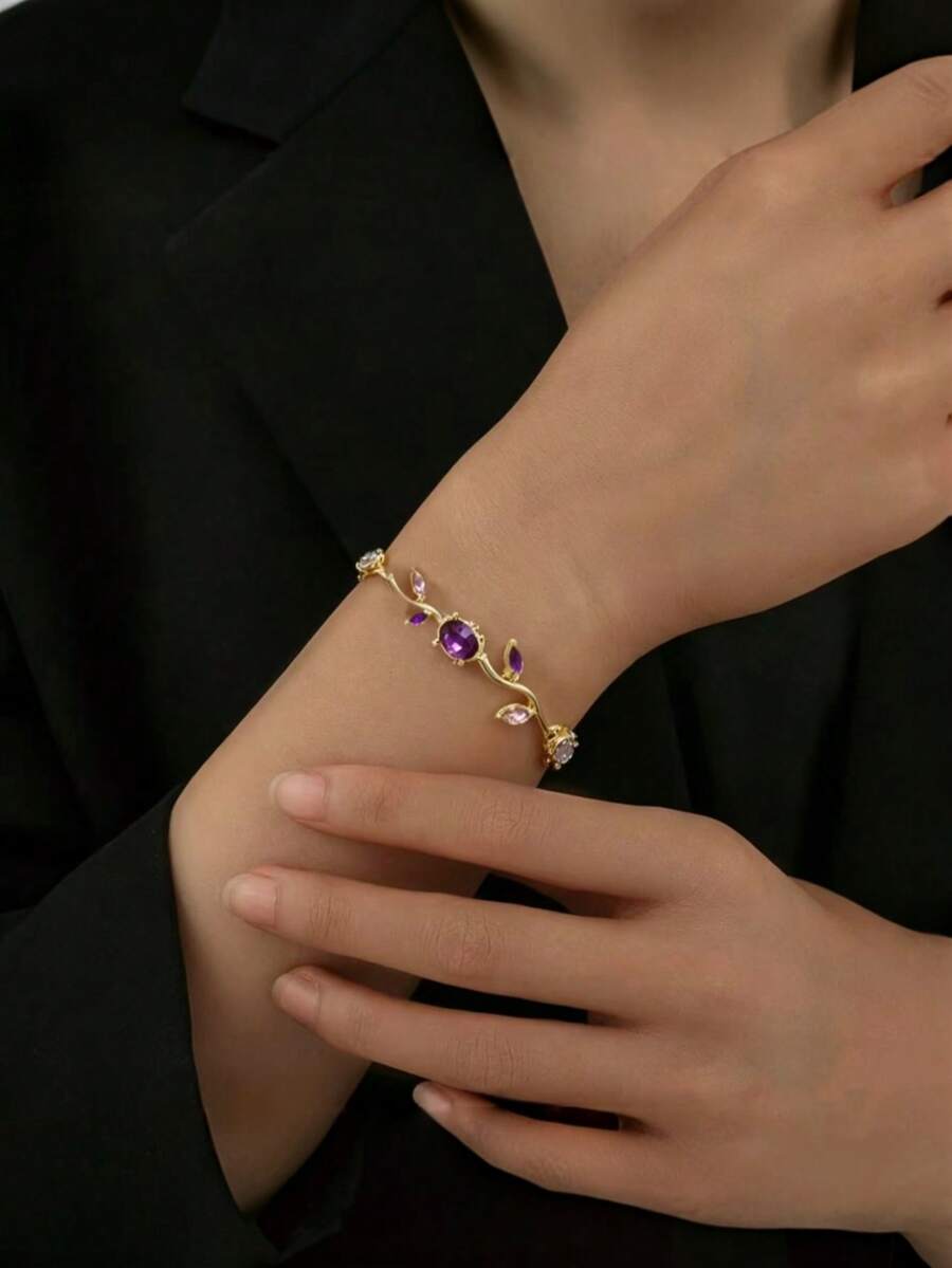 1 chiếc vòng tay dây lá bằng bạc và xanh hải quân đính đá Cubic Zirconia tự nhiên dành cho nữ, quà tặng dự tiệc. - ST-485 - Xem 1