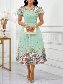 xheSHEIN Lady Vestido midi elegante con estampado floral, mangas asimétricas con volantes para mujerxhe - Verde - Ver 3
