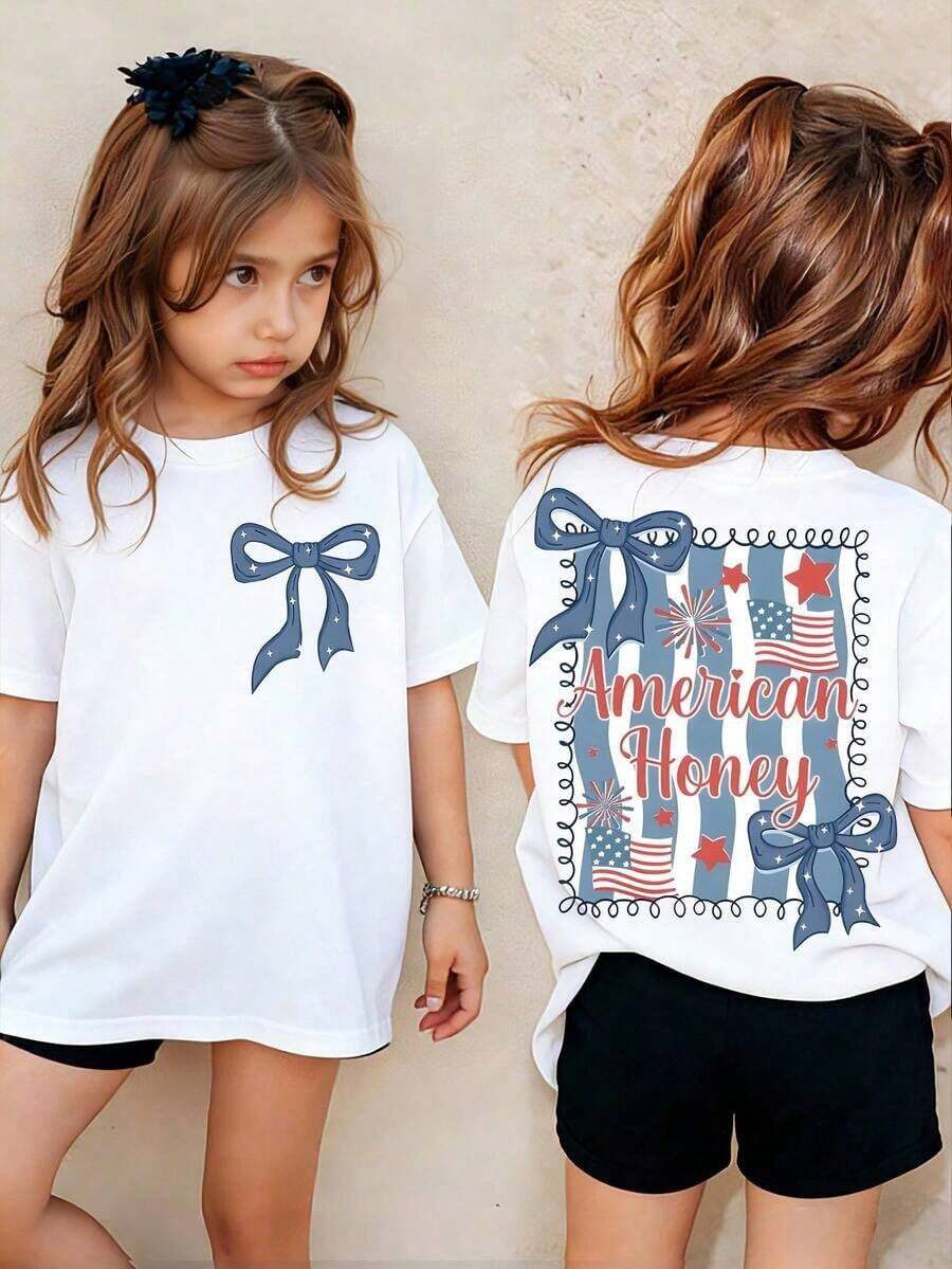 Camiseta de manga corta para niños American Honey con estampado de dibujos animados del 4 de julio, 180g, suave, cómoda y transpirable, adecuada para todas las estaciones, perfecta para niños y niñas para el uso diario, la escuela y ropa deportiva informal.Una camiseta de cuello redondo ideal para fiestas navideñas, reuniones, actividades al aire libre y viajes. - Bronce - Ver 1