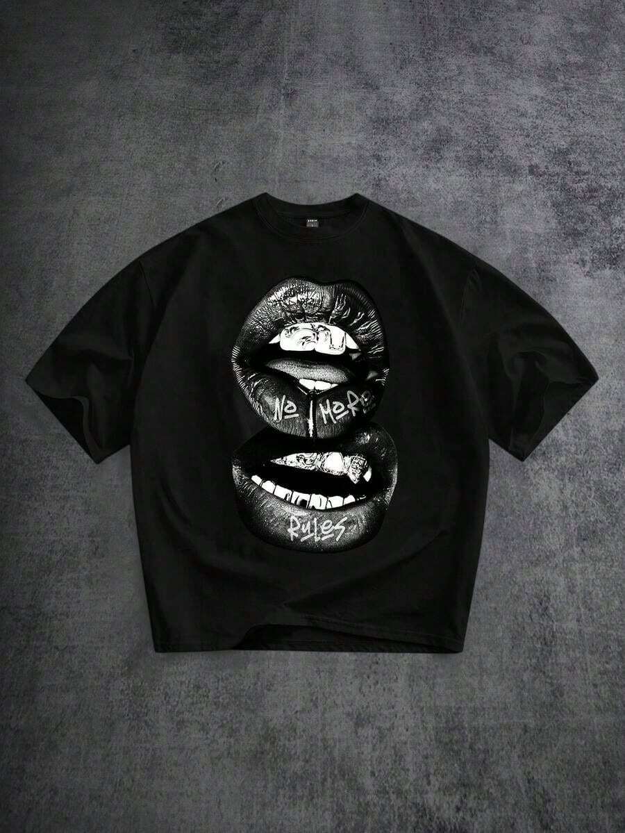 Manfinity  Camiseta de manga corta con estampado de labios, dientes y diamante de imitación en color blanco, con efecto desgastado y rojo, adecuada para primavera/verano, regalo divertido para novio/uno mismo - Negro - Ver 1