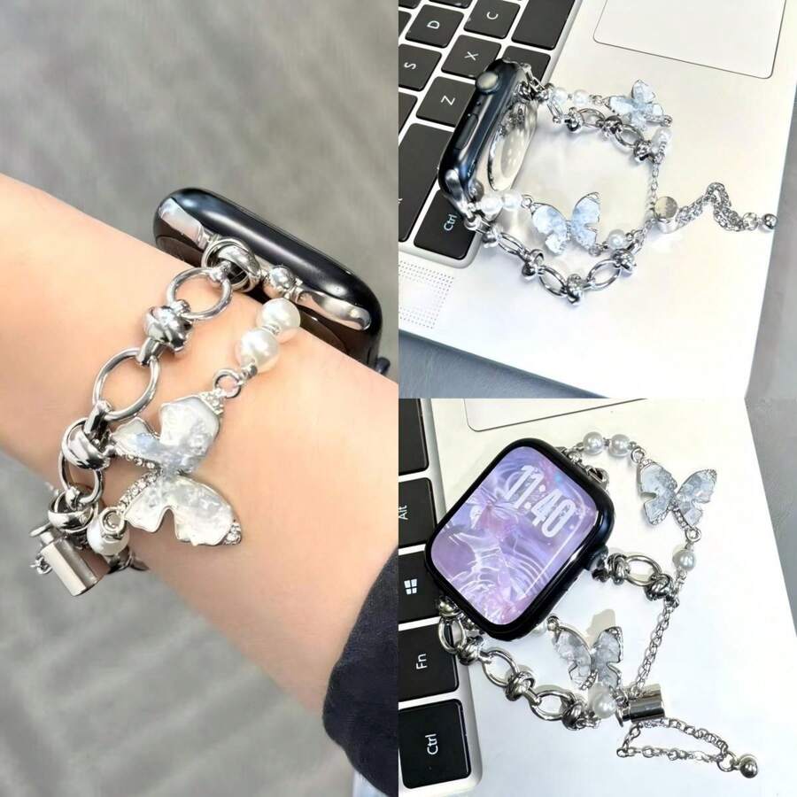 Fresh Butterfly Pearl Double-Chain Strap, Suitable For Apple Watch Ultra/SE/11/10/9/8/7/6/5/4/3/2/1 And Other Models. - Butterfly Watch Strap - View 1