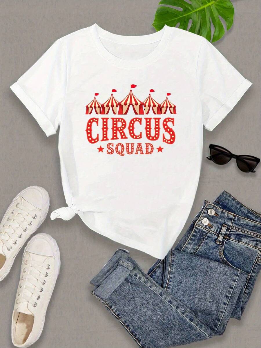 High-Resistance Cotton T-Shirt - CIRCUS Print T-Shirt, Short Sleeve And Round Neck, Casual Style, Suitable For Women In Spring And Summer, Can Be Worn In All Seasons, As A Base Layer In Spring And Autumn Or Alone In Summer, Unisex. - 白色 - 查看 1