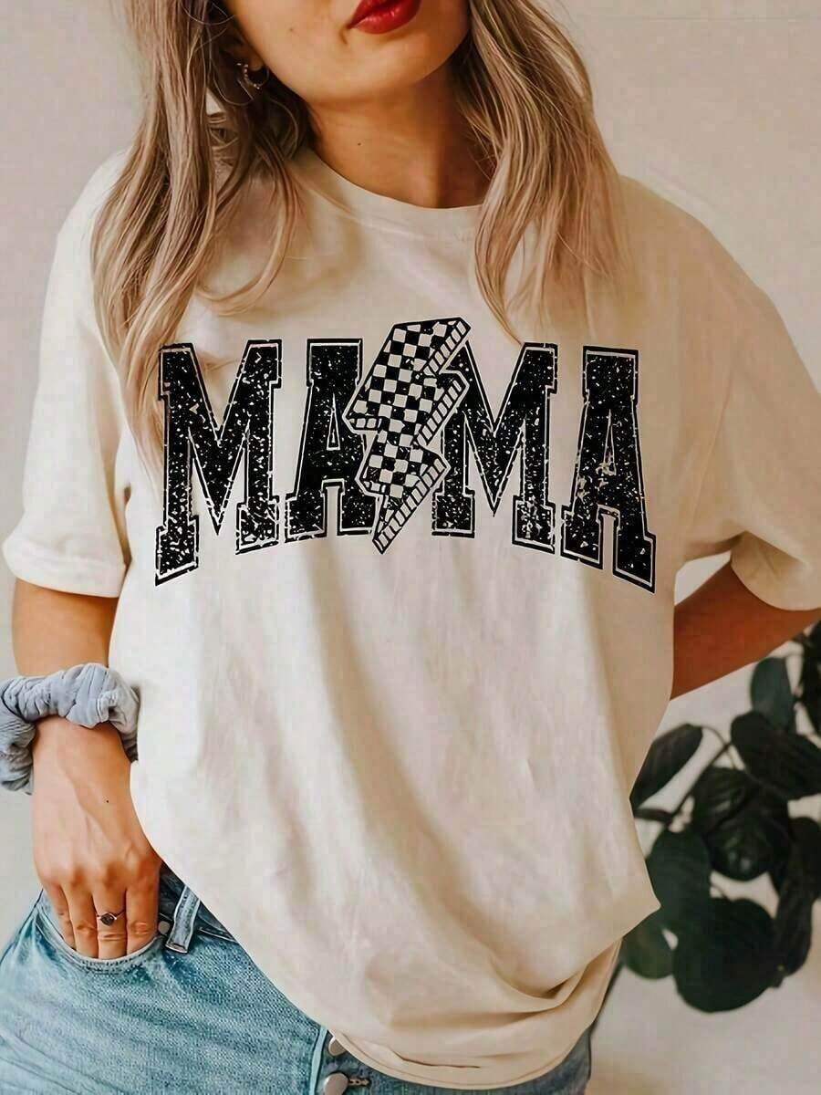 Plus Size Casual T-Shirt For Women, Retro "MAMA" T-Shirt For Mom - Loose Fit Crew Neck Letter Print T-Shirt, Suitable For Stylish Moms To Wear All Year Round, An Excellent Gift For Mother's Day. - 白色 - 查看 1