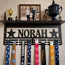 1pc Customized Metal Medal & Trophy Display Rack - Personalized Star Design With Name Logo, Easy To Install Home Wall Decor, 12 Hooks & Medal Shelf For Personal Honor Medals - Father's Day, Independence Day, Thanksgiving Gift, Unique Gift, Medal Hanger - Black - View 3