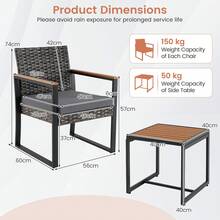 Outdoor Bistro Set Of 3 PE Wicker Patio Furniture Set With Soft Cushion & Side Table 12 Adjustable Feet - Grey - View 2
