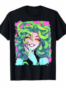 Unisex 100% Cotton T-Shirt With Gorgon Face And Snake Hair Design In Neon Green And Pink, Inspired By The Greek Mythology Of Medusa, Soft, Essential For Casual Street Wear In All Seasons, Versatile Style For All Seasons. - 黑色 - 查看 6
