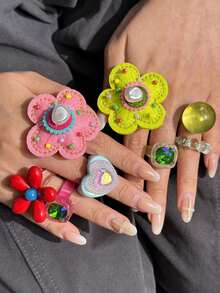 Colorful Embroidered Flower Beaded Button Dopamine Flower Resin Ring, Harajuku Creative Y2K Decorative Ring, Cosplay Ring - Multicolor - View 2