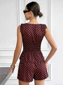 2026 Set de 2 piezas de top corto y shorts casuales con estampado de lunares para mujer - Azul marino - Ver 9