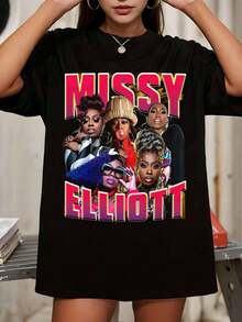 Missy Elliott 90s Hip-Hop Bootleg Style Print Graphic T-Shirt - Black - View 1