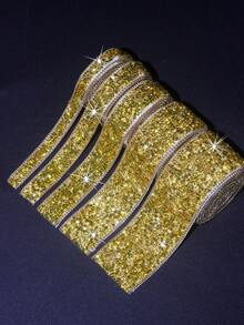 1碼金色樹脂水鑽吊繩 自黏式鑽石水晶吊繩捲 亮面樹脂鑽石吊繩，適用於居家DIY、畢業帽、婚鞋、手機、汽車、衣物、花瓶、櫥櫃、相框、鏡子裝飾 - 珠鏈邊金色 - 查看 3