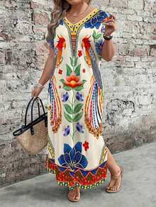Vestido de mujer de talla con estampado floral bohemio de manga corta y cuello en V para primavera y verano, con diseño de bajo dividido, para uso casual y de vacaciones - Multicolor 3 - Ver 8