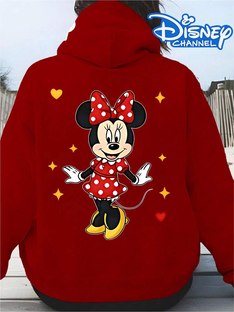 Disney Cute Minnie Mouse Heart And Star Print Hoodie, Women's Hoodie, Men's Hoodie,Fathers Day Gift,Fourth Of July,Disney Collaboration - 紅色 - 查看 1
