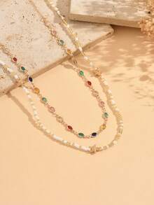 2 Stück/Set Sommer Urlaubsstil Doppelschicht Hüftkette Set, bunte Kristall & Perlen Seestern Kombination Körperkette, elegantes vielseitiges Design geeignet für Strand, Date, Party, Casual Tragen. Die Farbe und Größe der Kristalle und Perlen sind zufällig angeordnet. - Verschiedenfarbig - Übersicht 3