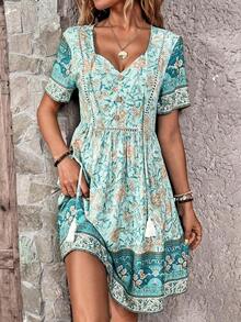 Vestido de verano casual y de vacaciones con estampado floral y manga corta para mujer - verde menta - Ver 12