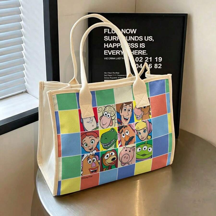 Miniso Pixar Toy Story Characters Tote Bag - All-Star Grid Print Canvas Shoulder Bag, Large Capacity Handbag For Work, School, Travel & Shopping - White - View 1