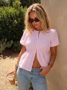 Womens Summer Tops Puff Short Sleeve Crew Neck Striped Print Fashion Button Down Blouses - Pink - View 3